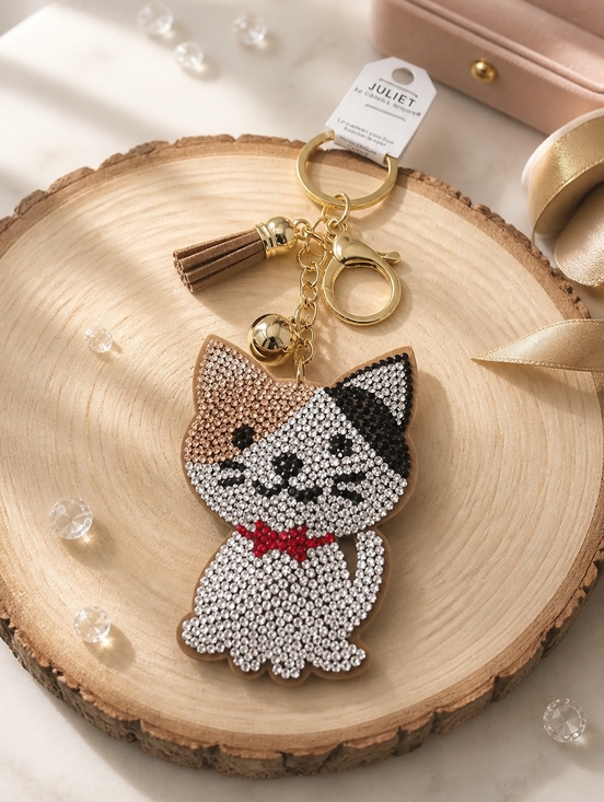 Juliet Accessories - Juliet Puff Rhinestone Accented Cat Keychain with Tassel and Snap Hook